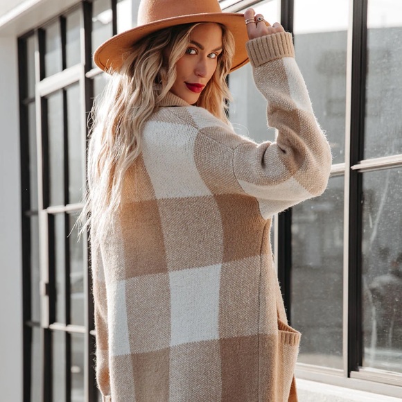 NEW Vici Woodrow Pocketed Checkered Knit Coatigan - Taupe - Picture 6 of 10